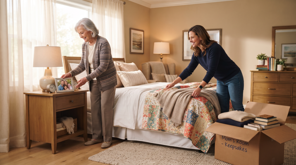 Adult daughter helping her elderly mother settle into her new assisted living bedroom with familiar belongings