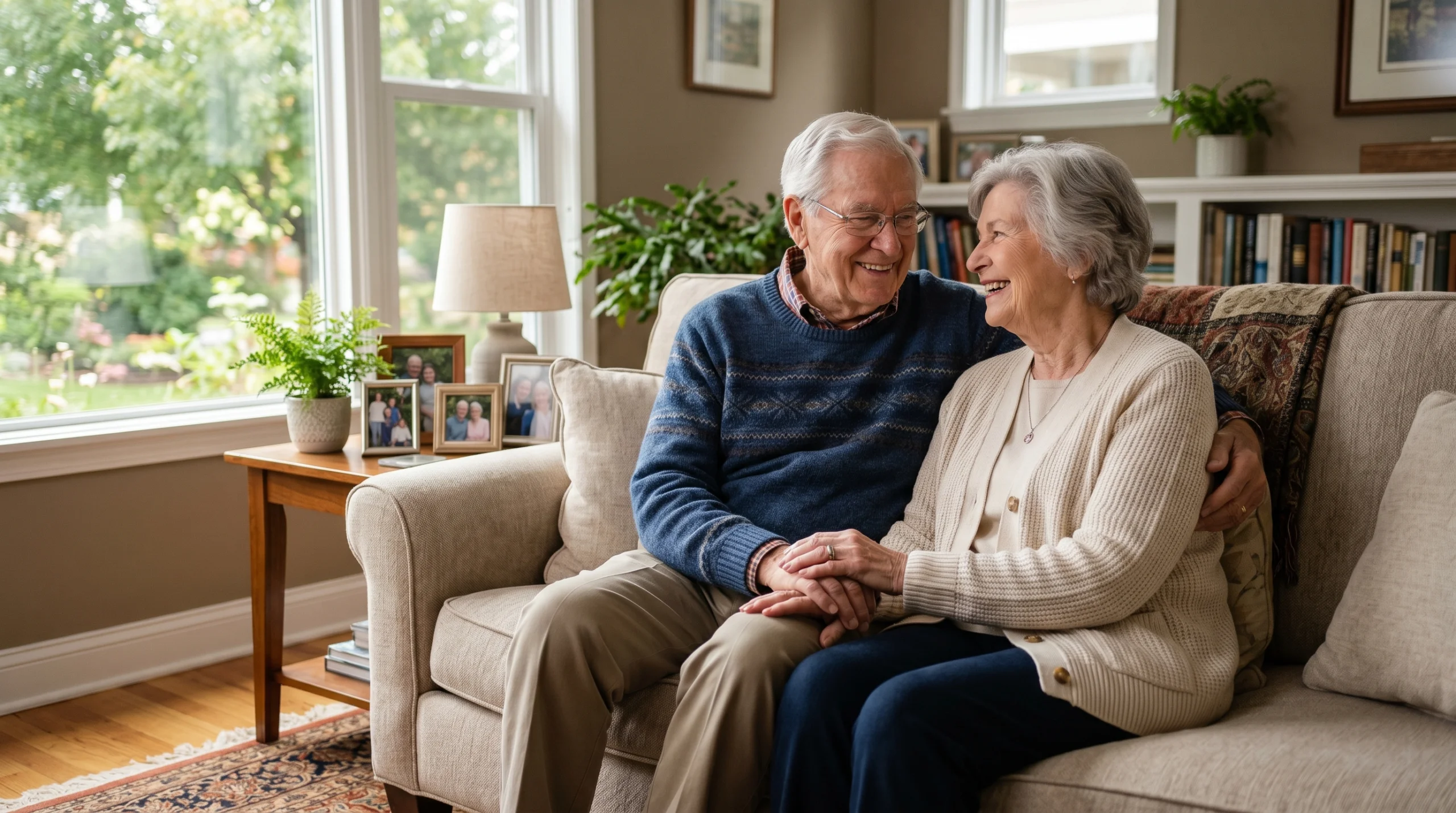 Elderly couple sitting together on a sofa at home, smiling warmly