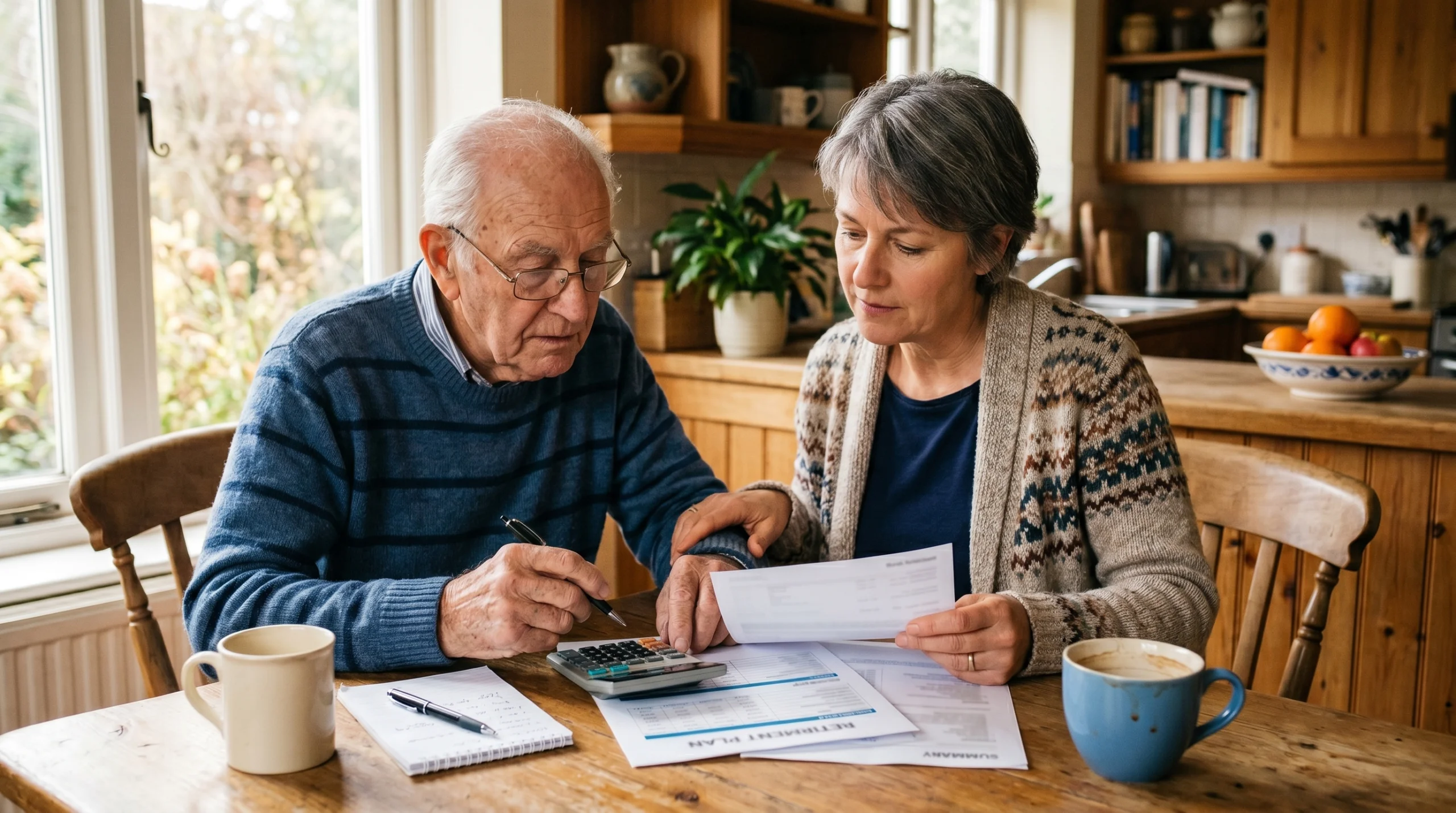 Adult daughter and her elderly father reviewing financial documents together at a kitchen table