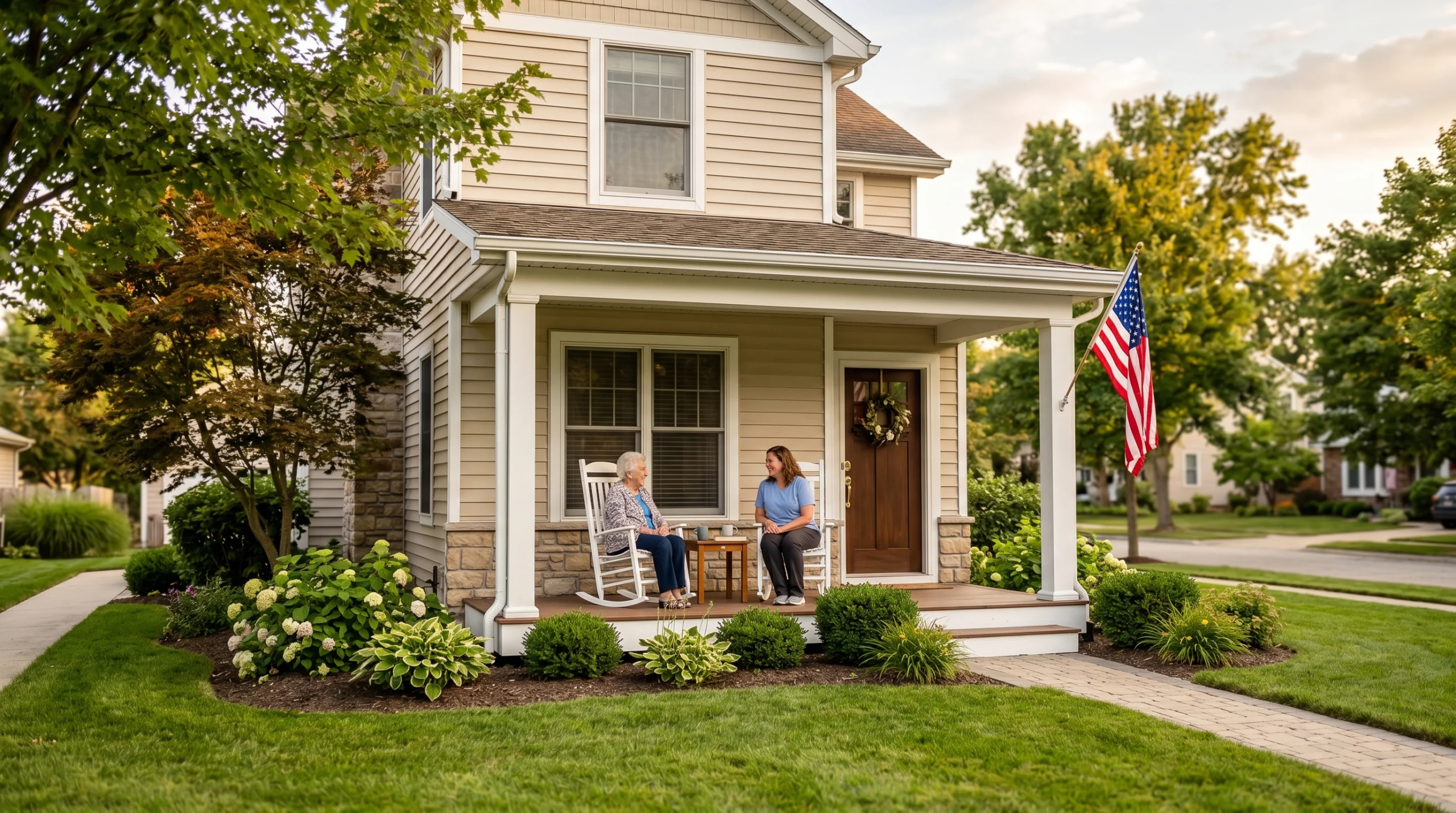 A small Ohio residential memory care home with elderly resident and caregiver on porch