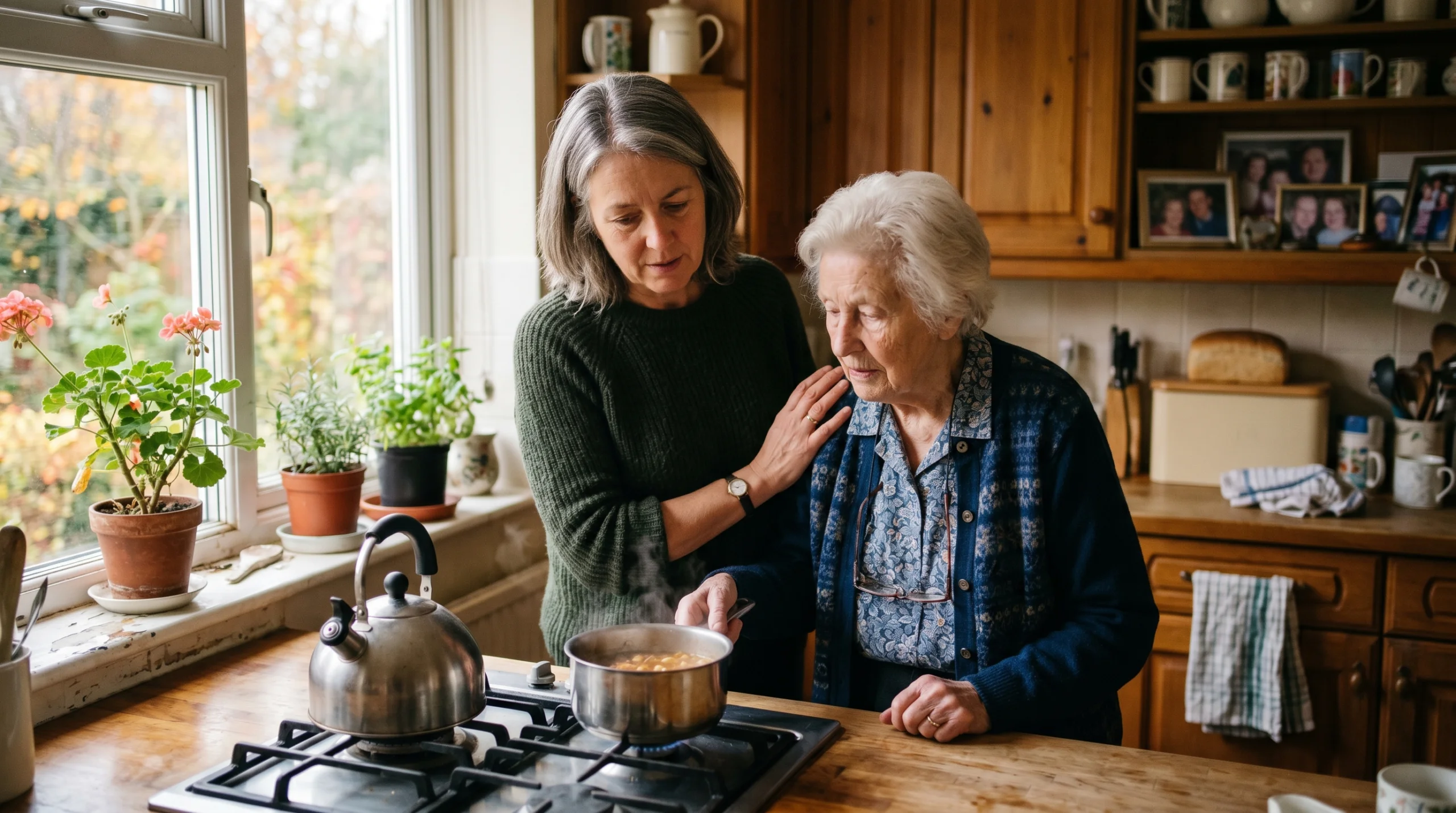 Adult daughter gently helping her elderly mother check the stove in a warm kitchen