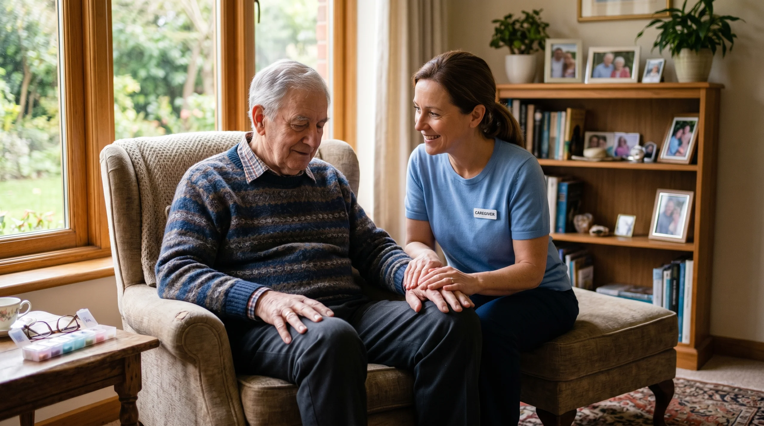Caregiver gently helping an elderly man with Parkinson's in a warm sunlit living room