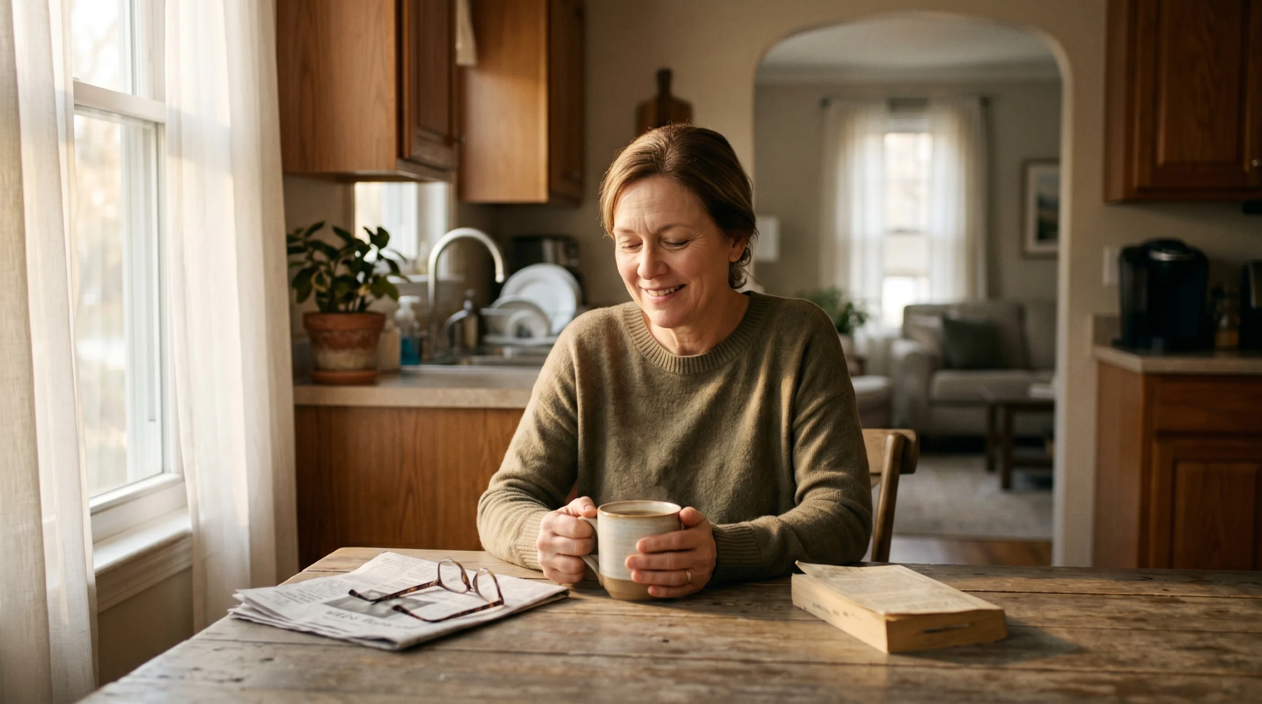 Adult daughter resting at home with coffee, the relief of a quiet moment