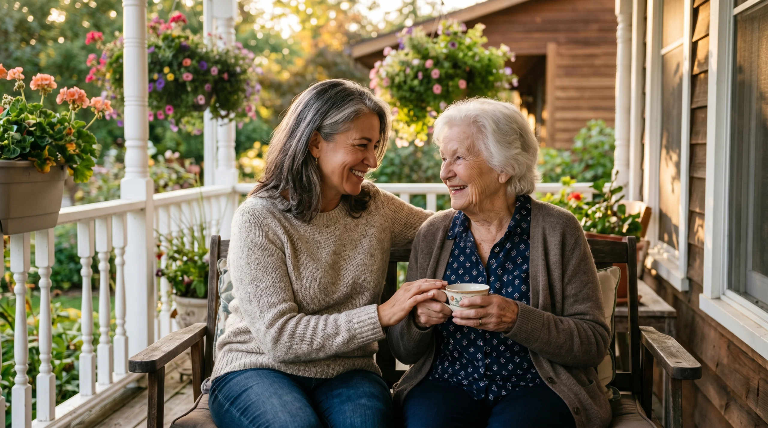 Adult daughter and her elderly mother having a gentle heartfelt conversation on a sunlit porch
