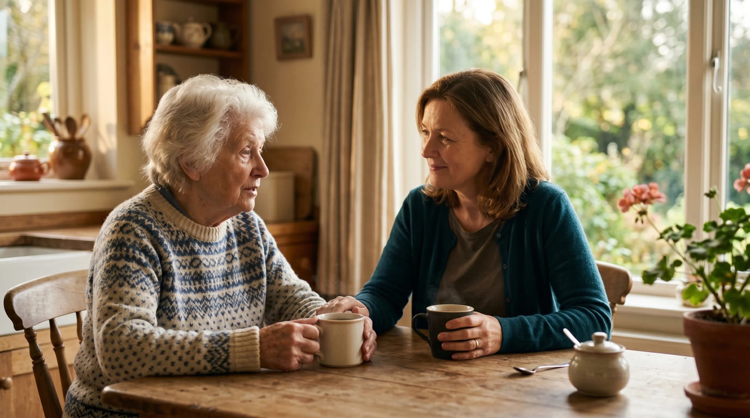 Adult daughter and elderly mother having a calm conversation at a sunlit kitchen table
