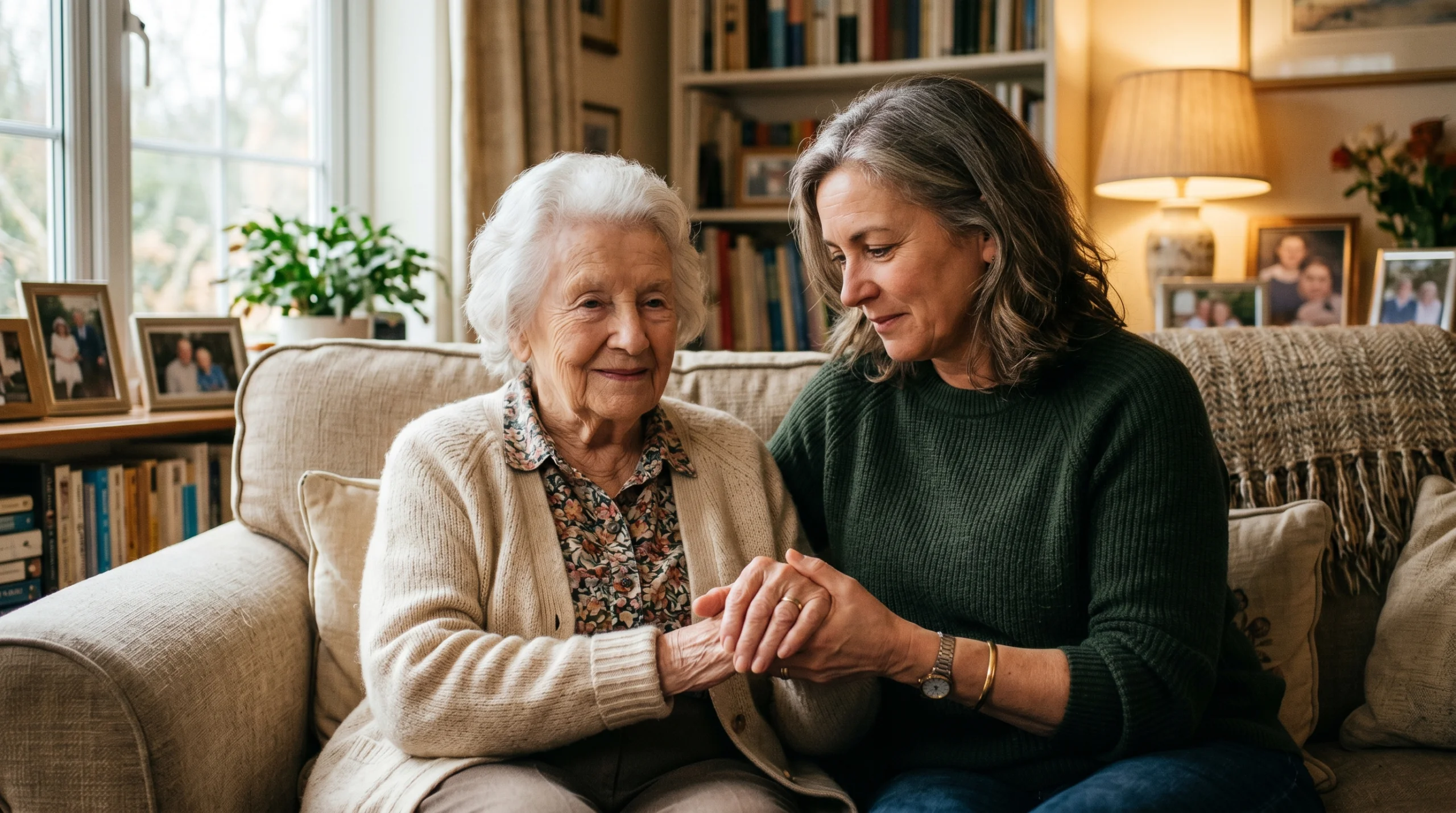 Adult daughter sitting beside her elderly mother in a warm home setting