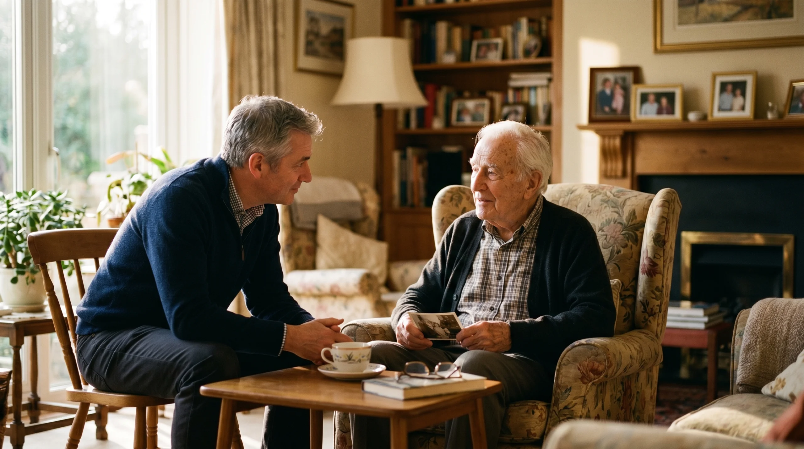 Adult son and elderly father having a warm conversation in a sunlit living room