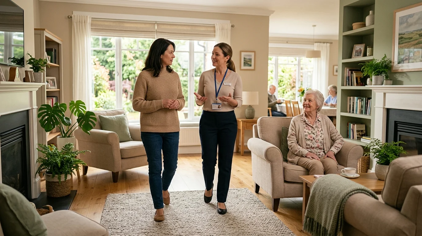 Adult daughter touring a small residential assisted living home with a friendly staff member