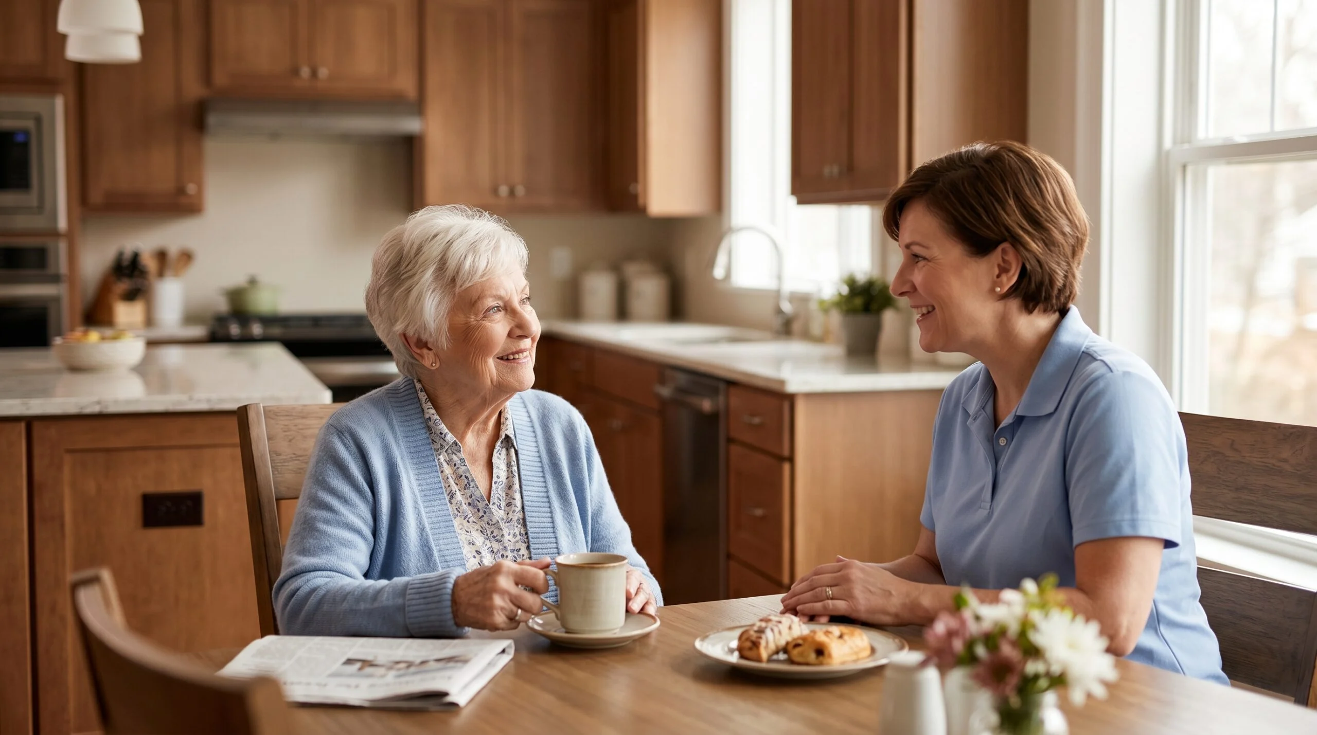 Elderly woman enjoying a warm morning with a caregiver in a home-like assisted living setting