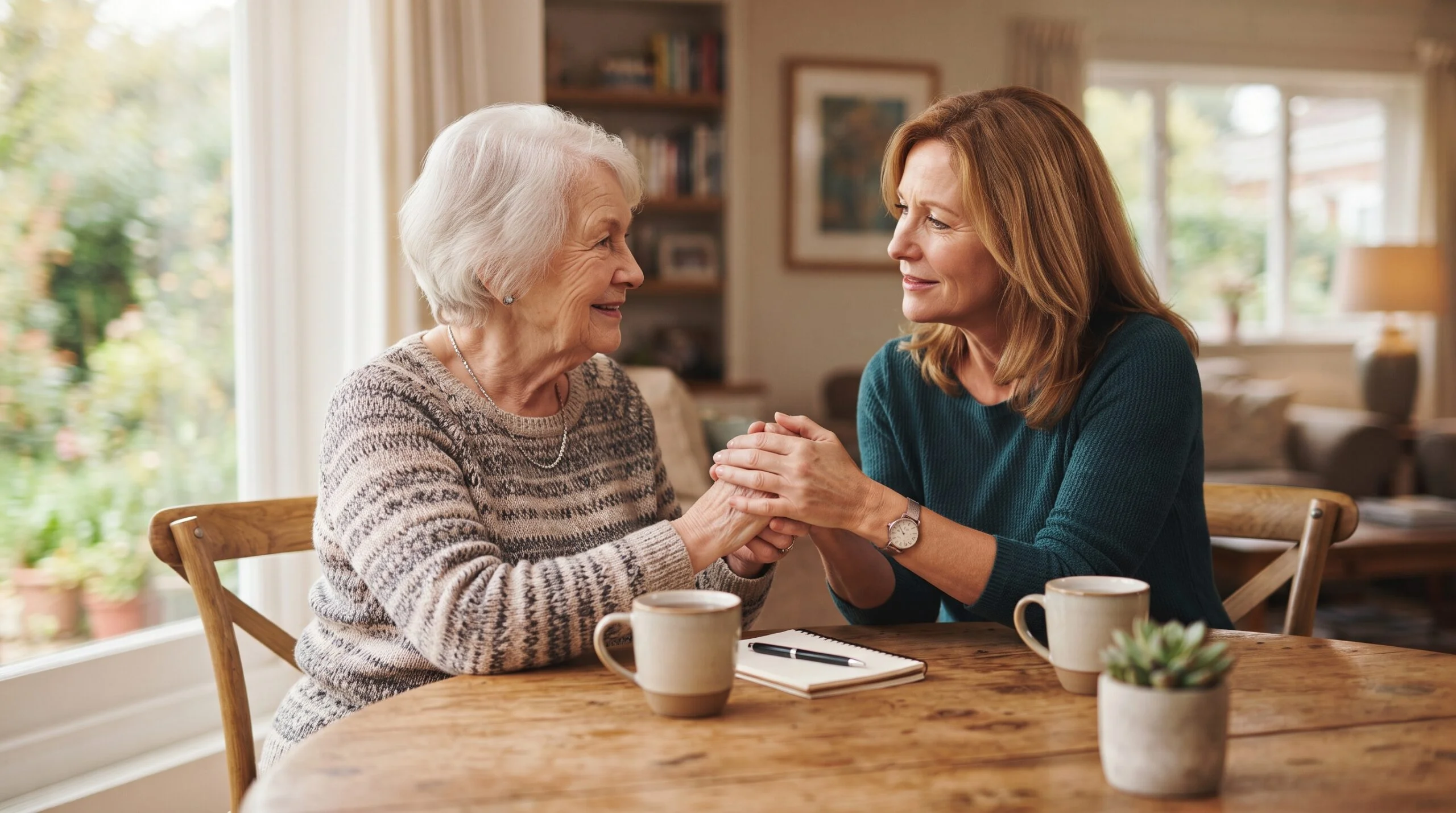 Adult daughter gently talking with her elderly mother at a kitchen table, noticing early memory changes