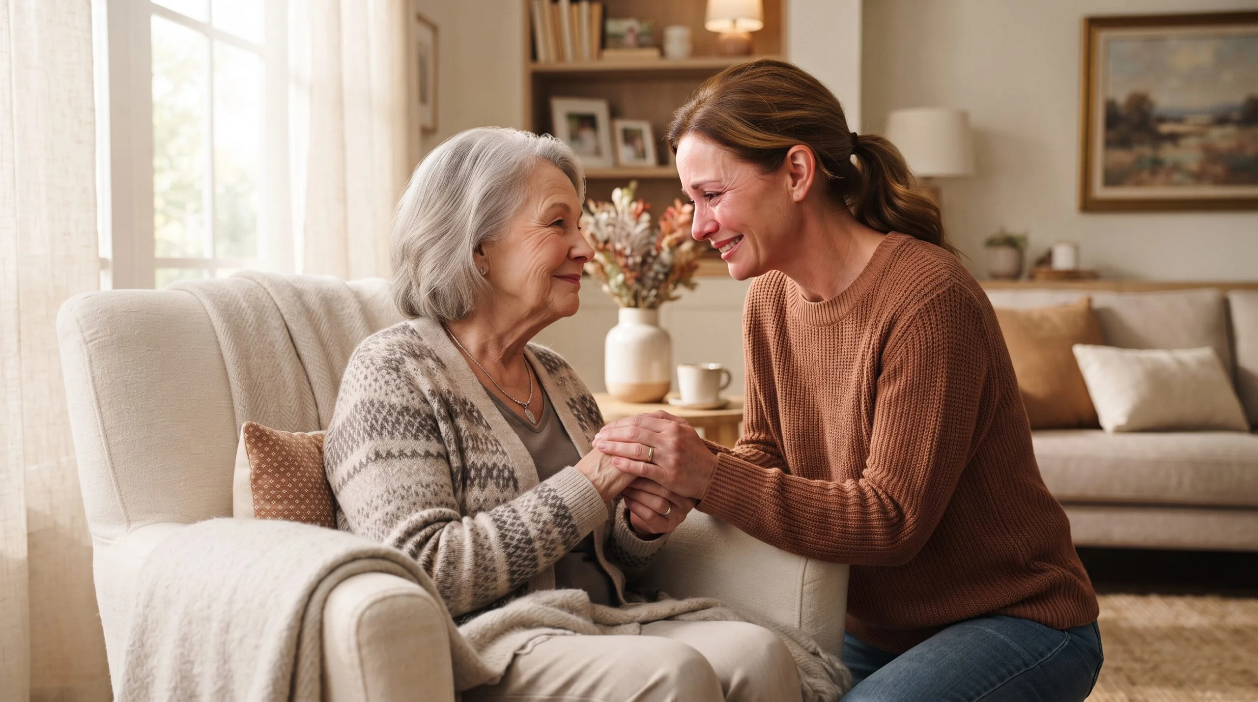 Adult daughter tenderly holding her elderly mother's hands, a moment of reassurance and comfort