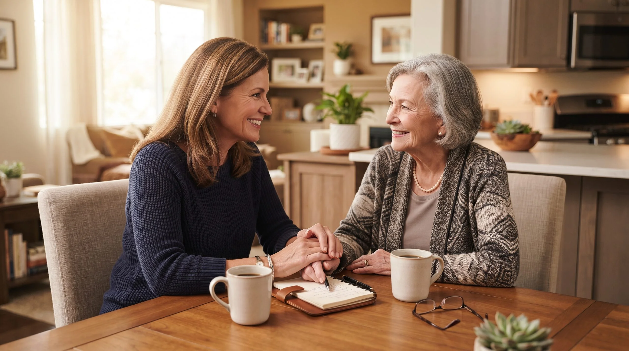 Adult daughter and elderly mother talking over coffee at a kitchen table while weighing in-home care vs assisted living options
