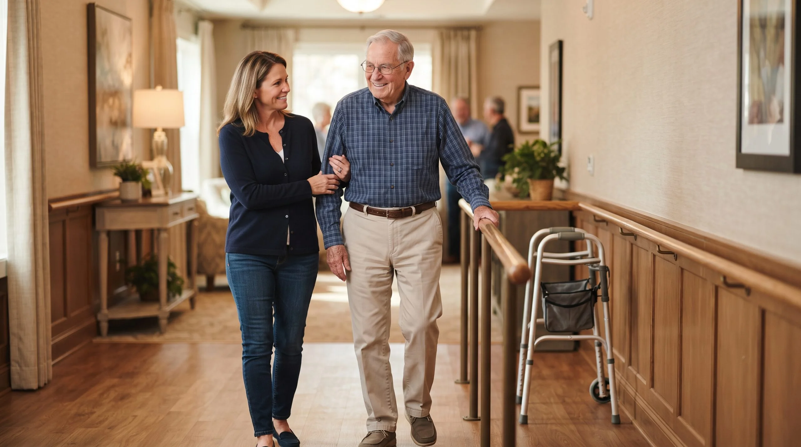 Adult daughter gently steadying her elderly father by the arm in a warmly lit home hallway