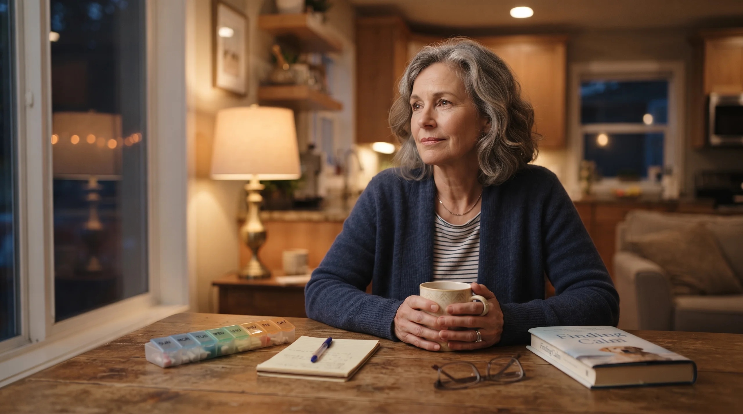 Tired family caregiver sitting at her kitchen table at night, reflecting on the stages of caregiver burnout