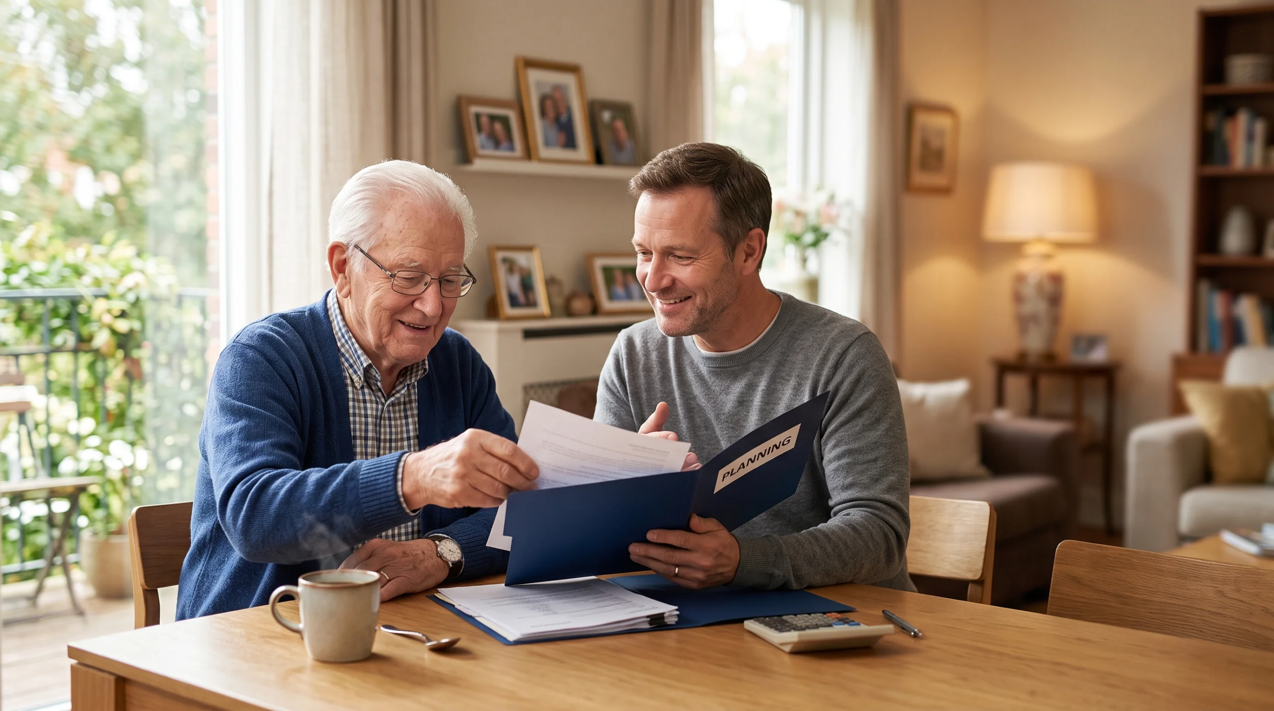 Adult son and his elderly father organizing care statements and tax documents at a sunlit dining table at home