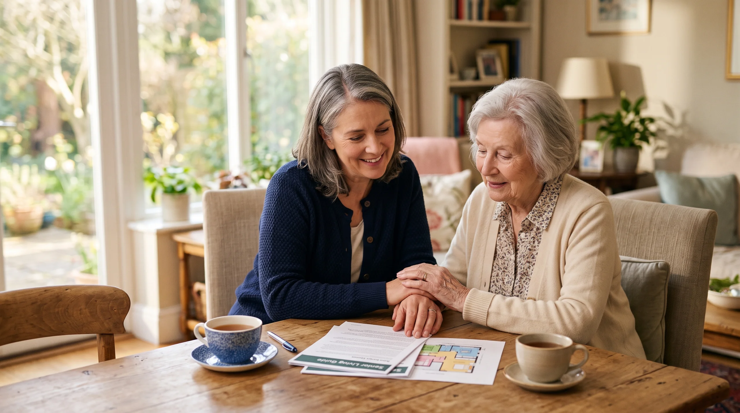 Adult daughter reviewing memory care costs with her elderly mother at a warm kitchen table in a home-like setting